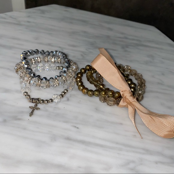 Bundle of six beaded stretchy bracelets. Silver/ clear and Gold/ Bronze - Picture 2 of 6